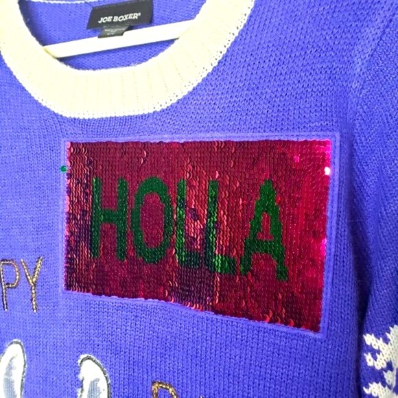 Joe Boxer Women’s 3D Happy Holidays Furry Llama Switching Sequin Blue Sweater S - Picture 2 of 7